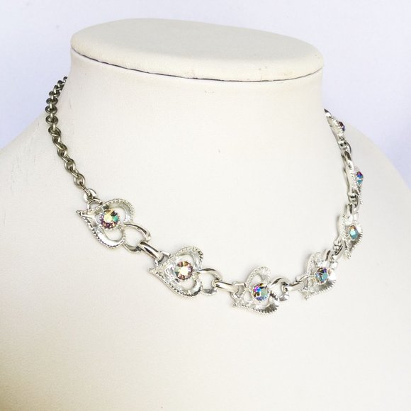 Rhinestones Hearts Necklace Silver Color Aurora Borealis Rhinestones Love Hearts - Picture 2 of 5